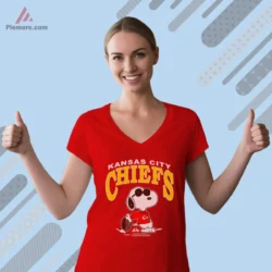 Red V neck tee featuring Snoopy and Chiefs wordmark