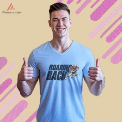 1980 San Francisco 49ers Roaring Back Football T Shirt Vintage 3 San Francisco 49ers Roaring Back V neck in light blue