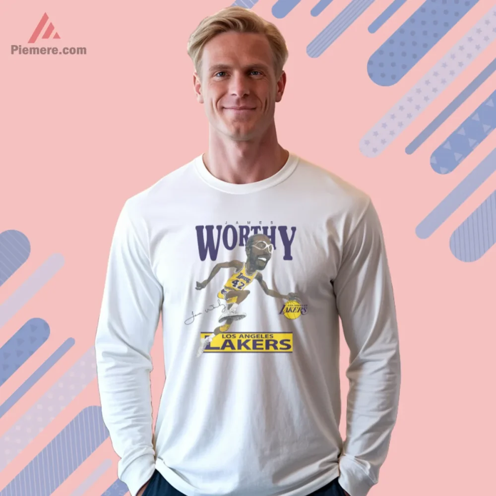 Long sleeve white shirt with a lively Lakers caricature of James Worthy