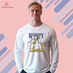 Long sleeve white shirt with a lively Lakers caricature of James Worthy