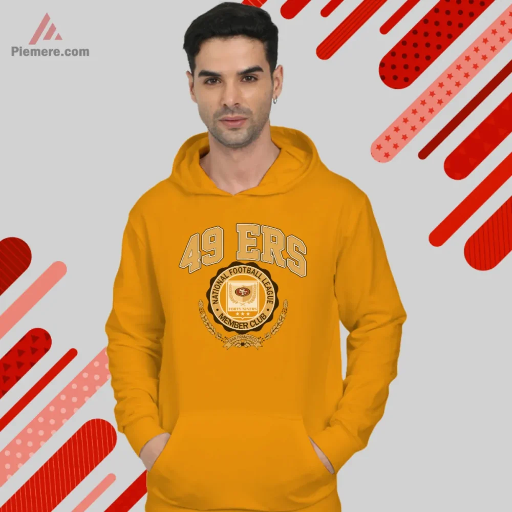 San Francisco 49ers member club crest on an orange hoodie