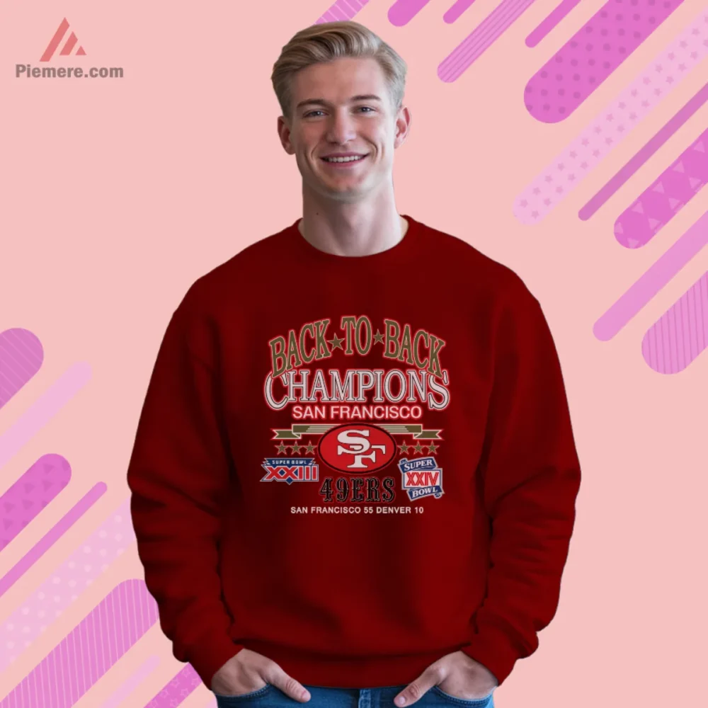 1989 1990 San Francisco 49ers Back To Back Champions Football Shirt on maroon sweatshirt