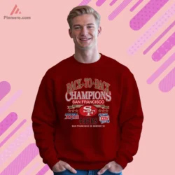 1989 1990 San Francisco 49ers Back To Back Champions Football Shirt on maroon sweatshirt