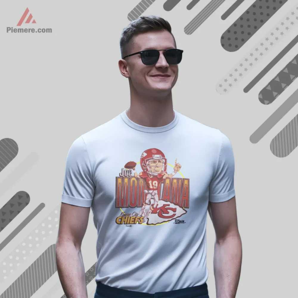 1990s Joe Montana Kansas City Chiefs Arrowhead Football Shirt with cartoon quarterback and arrowhead logo