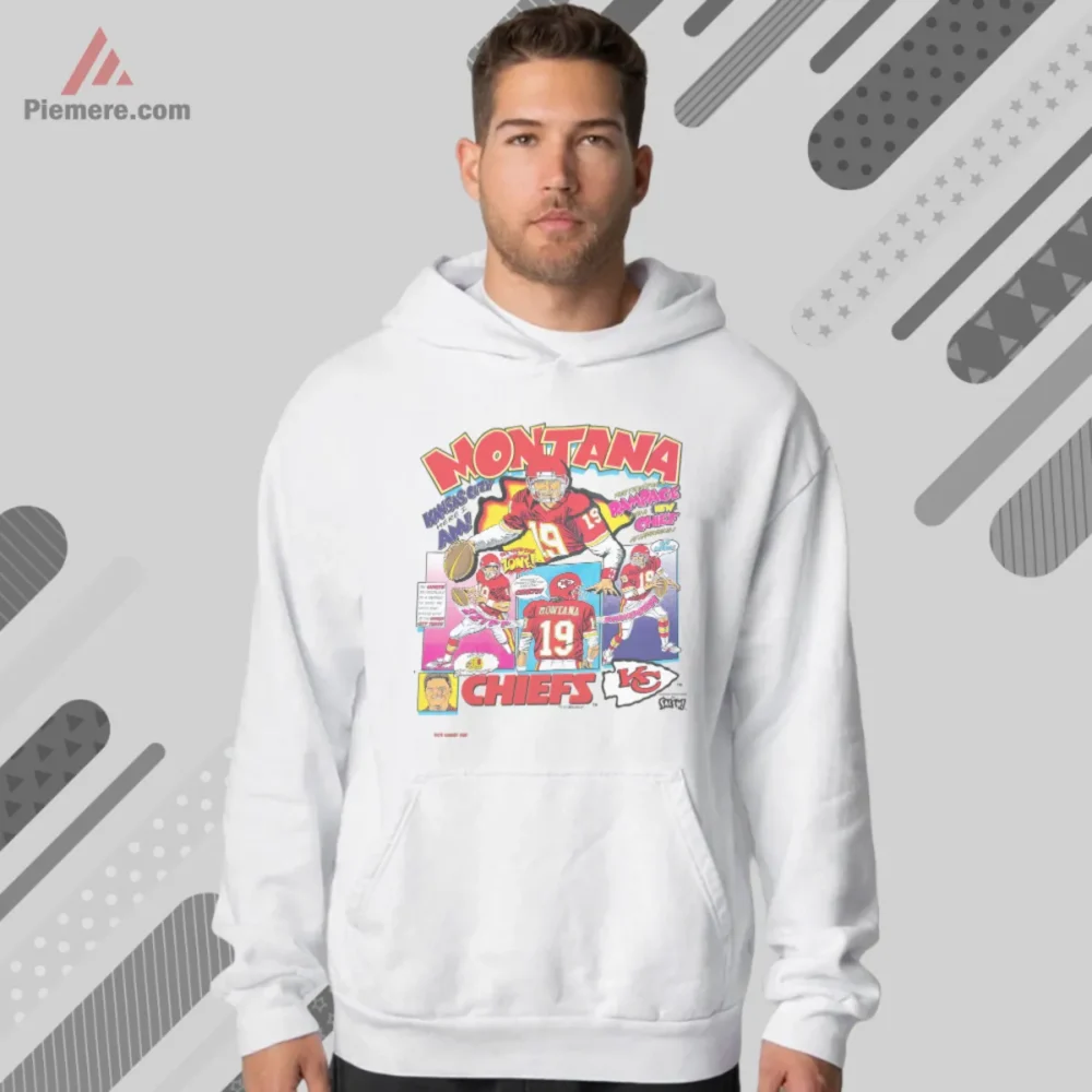 White hoodie featuring comic style Kansas City quarterback art