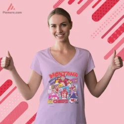 Light pink v neck with comic style quarterback design