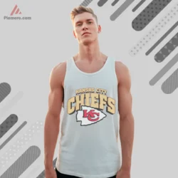 White tank top featuring arch lettering and KC badge