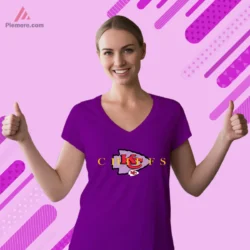 Purple V neck with gold CHIEFS letters crossing the KC arrowhead
