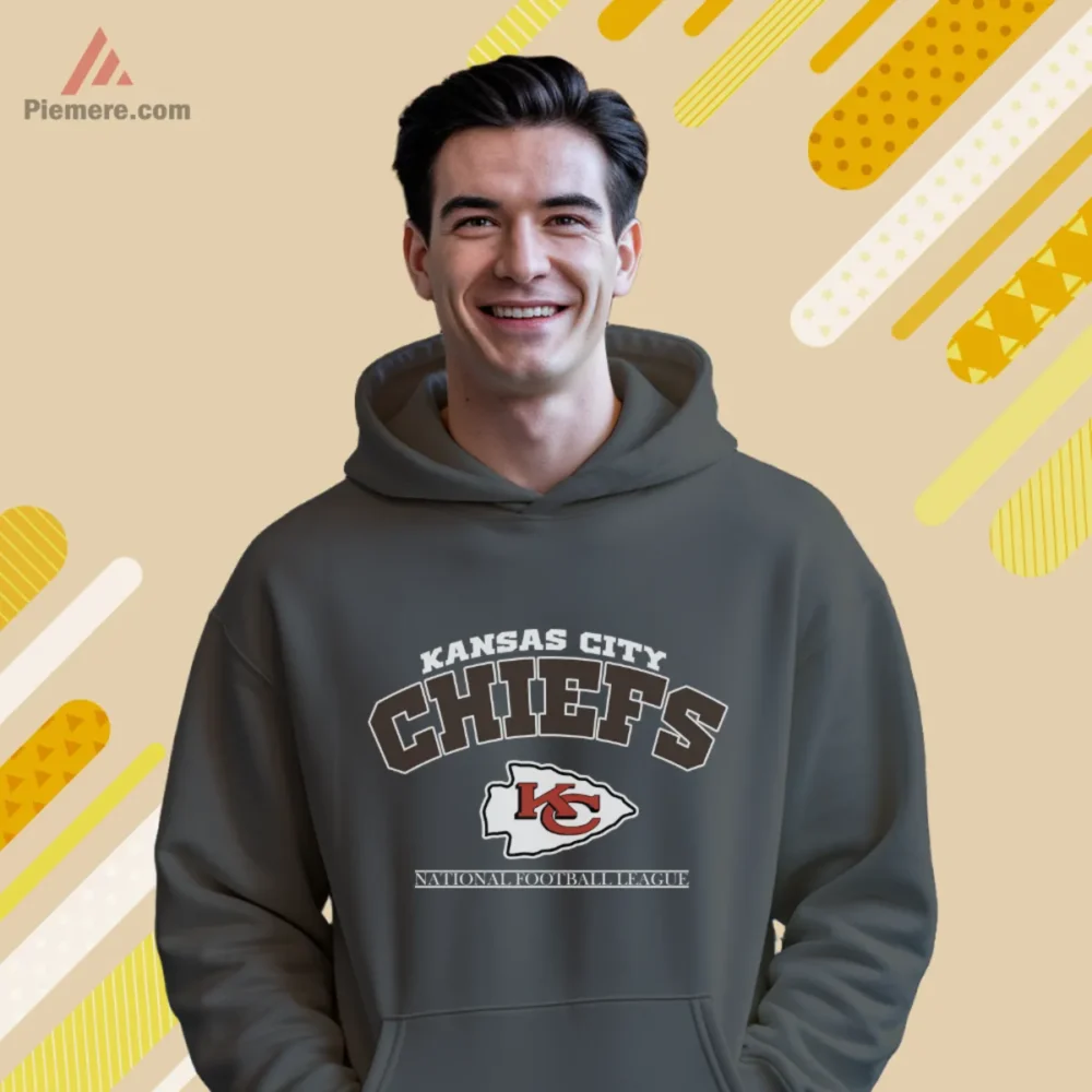 Charcoal hoodie featuring block arch wordmark and team emblem