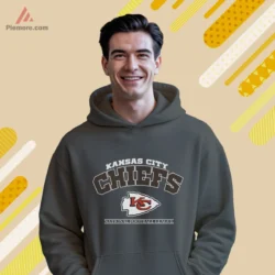 Charcoal hoodie featuring block arch wordmark and team emblem