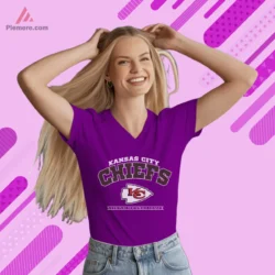 Purple V neck tee with block arch Kansas City graphic