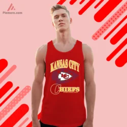 Red tank top showing blue arrowhead and arched city text