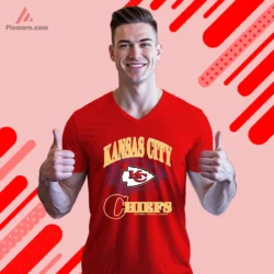 Red V neck tee with blue arrowhead and Chiefs wordmark