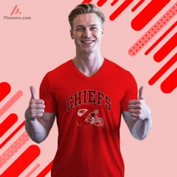 Red v neck tee featuring throwback helmet design