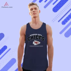 Navy tank top with outlined arch wordmark