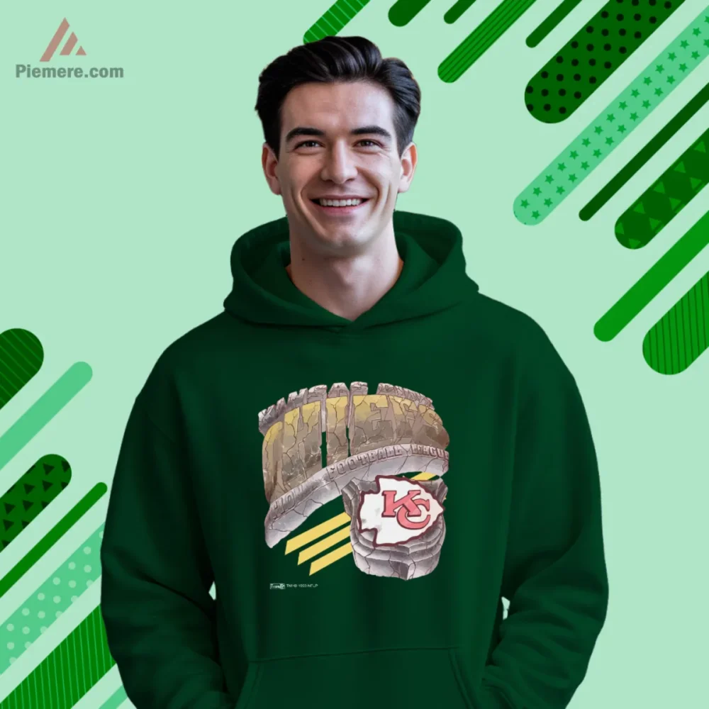 Forest green hoodie featuring stone arch style Kansas City graphic
