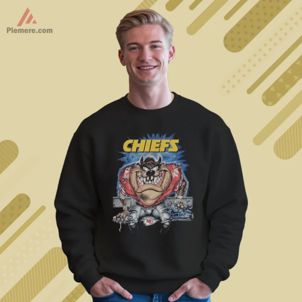 1990s Kansas City Chiefs Tasmanian Devil Looney Tunes Football Shirt with fierce Taz artwork on black