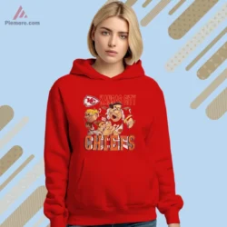 Red hoodie with Flintstones graphic and KC badge