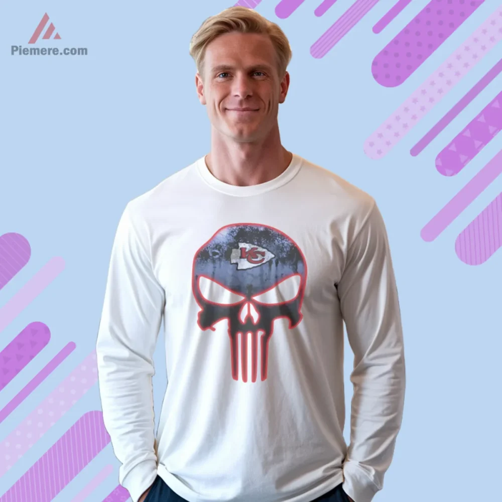 White long sleeve tee featuring dark skull art and team badge