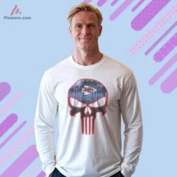 White long sleeve tee featuring dark skull art and team badge