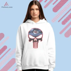 White hoodie with glowing skull motif and Kansas City mark