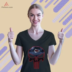 Black V neck tee with intense skull artwork