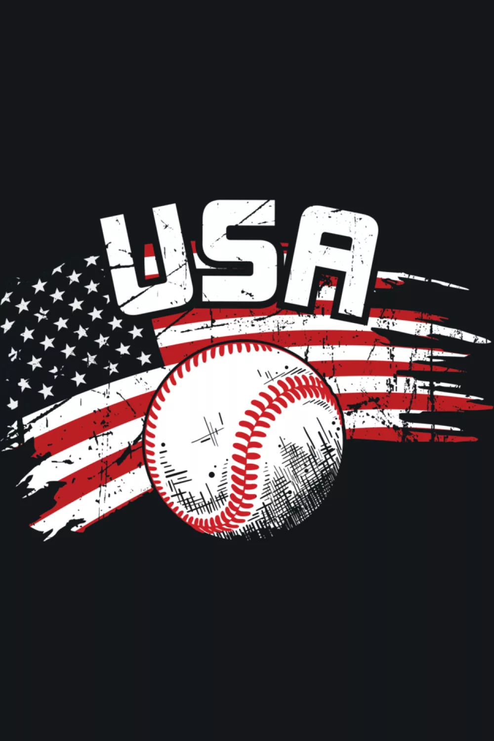 USA wordmark above a flag wave and baseball on dark field