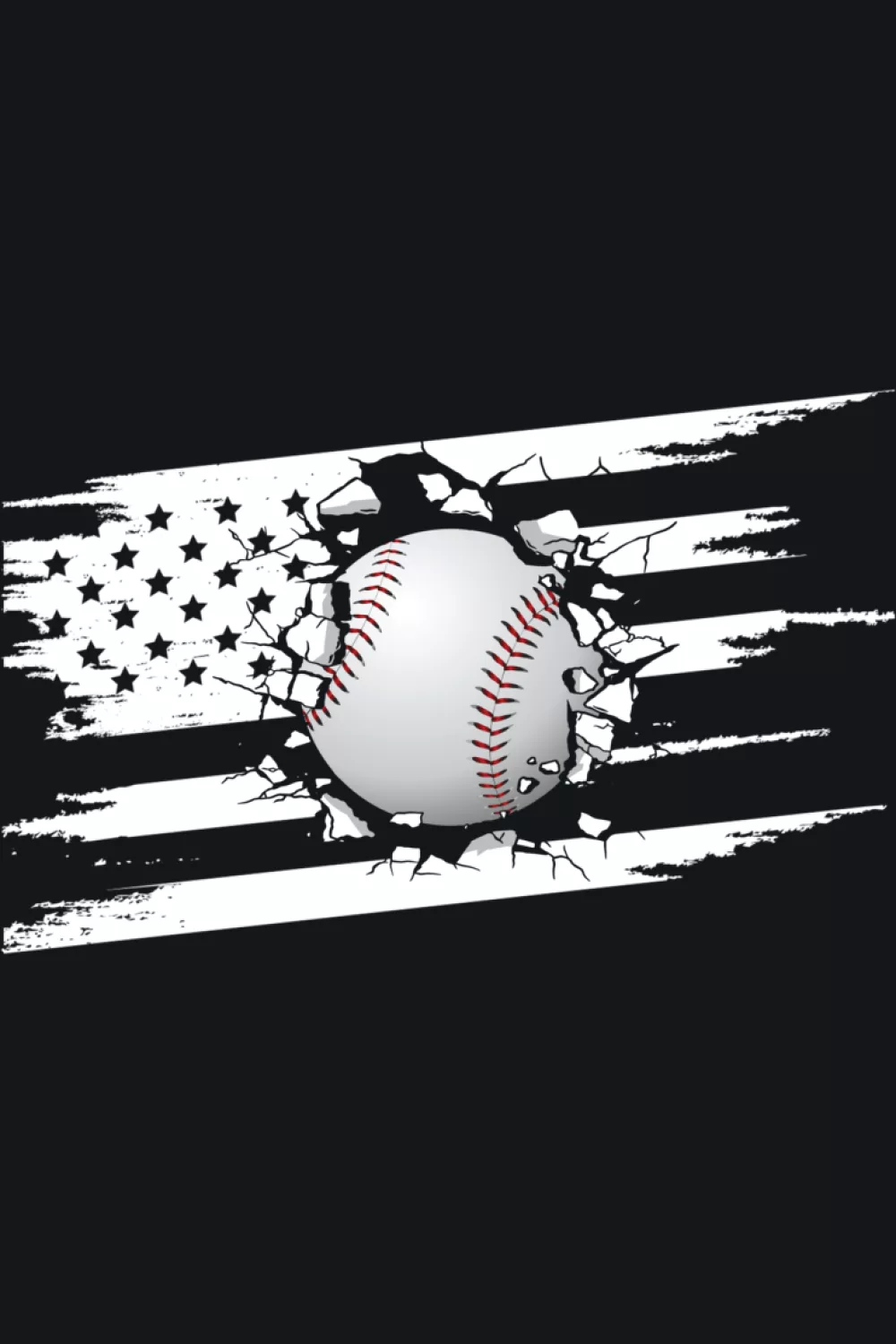 Baseball breaking through flag stripe panel with scattered debris