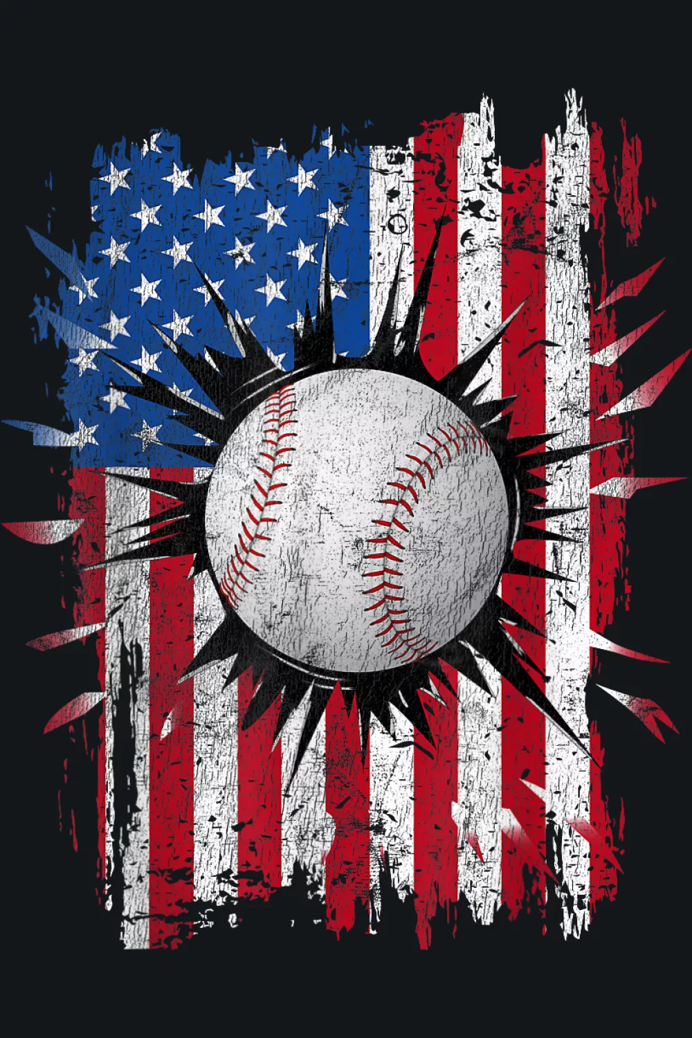 Vintage distressed flag with baseball framed by worn borders
