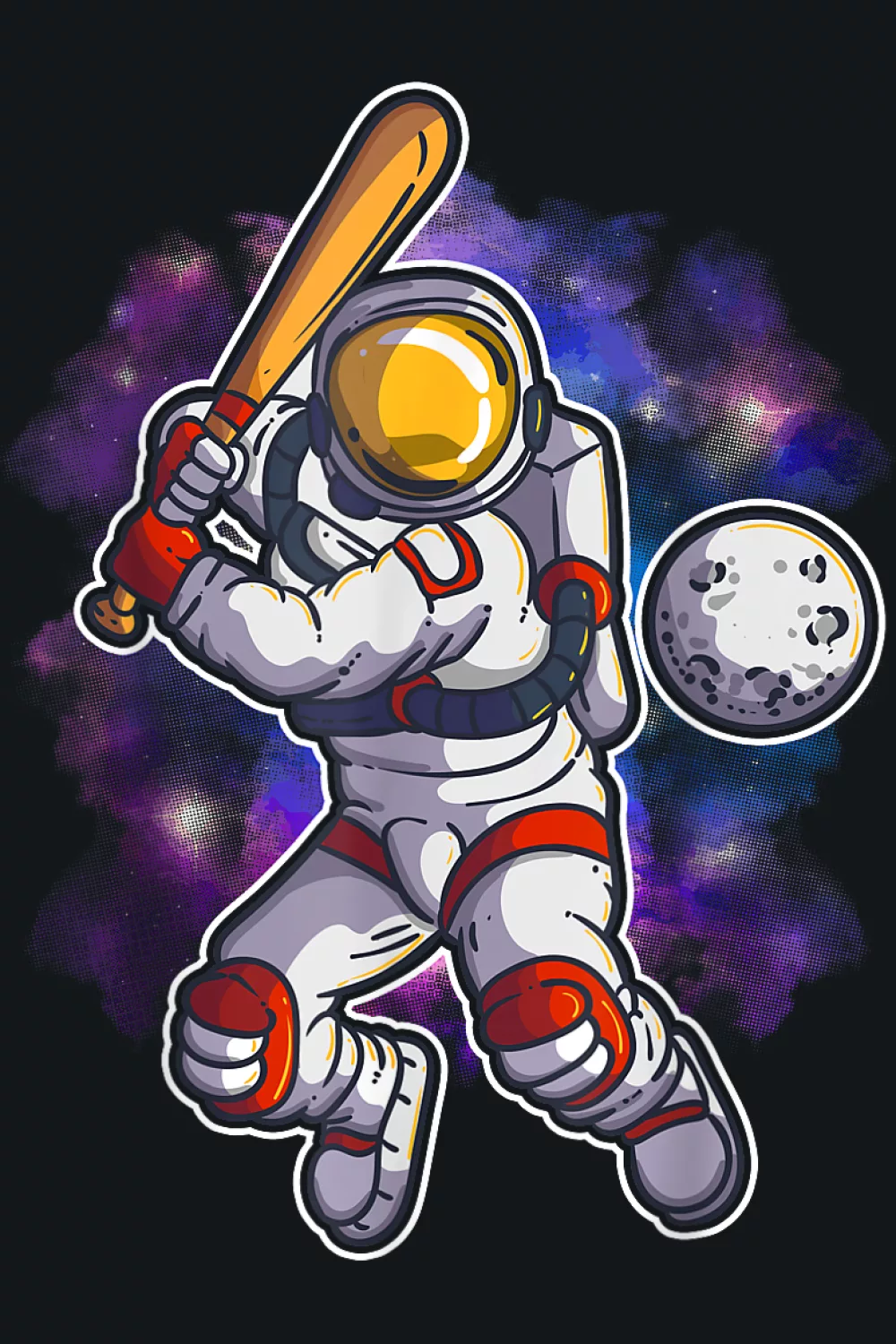 Galaxy batter framed by floating spheres with a determined stance