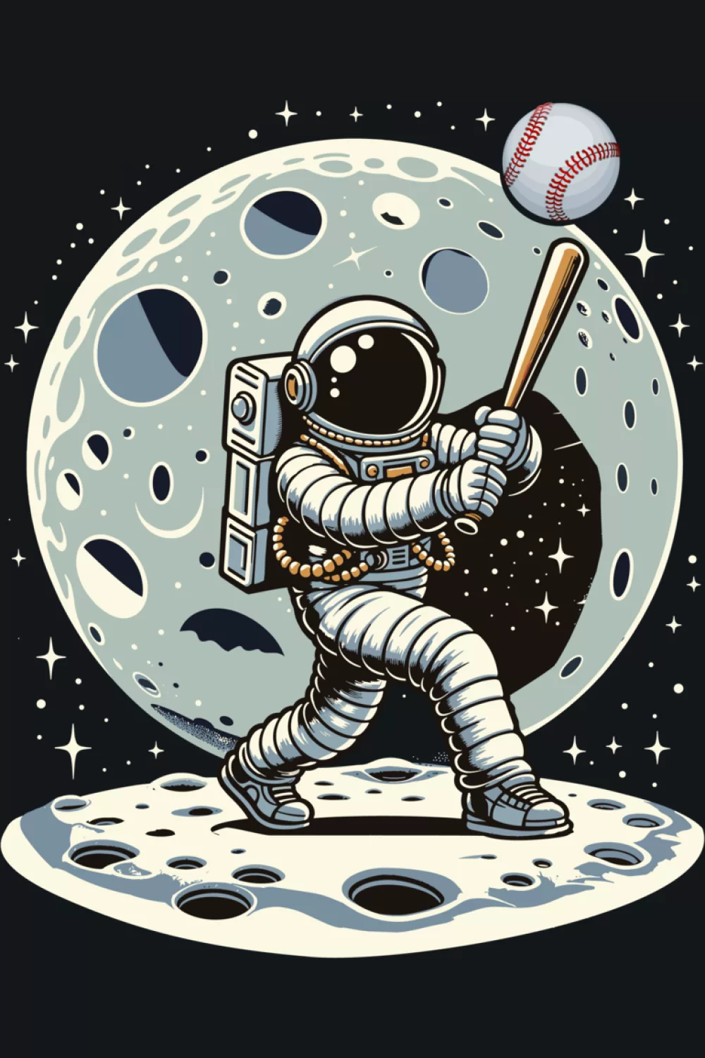 Astronaut hitter on the moon theme with outer space baseball energy and bold silhouette.