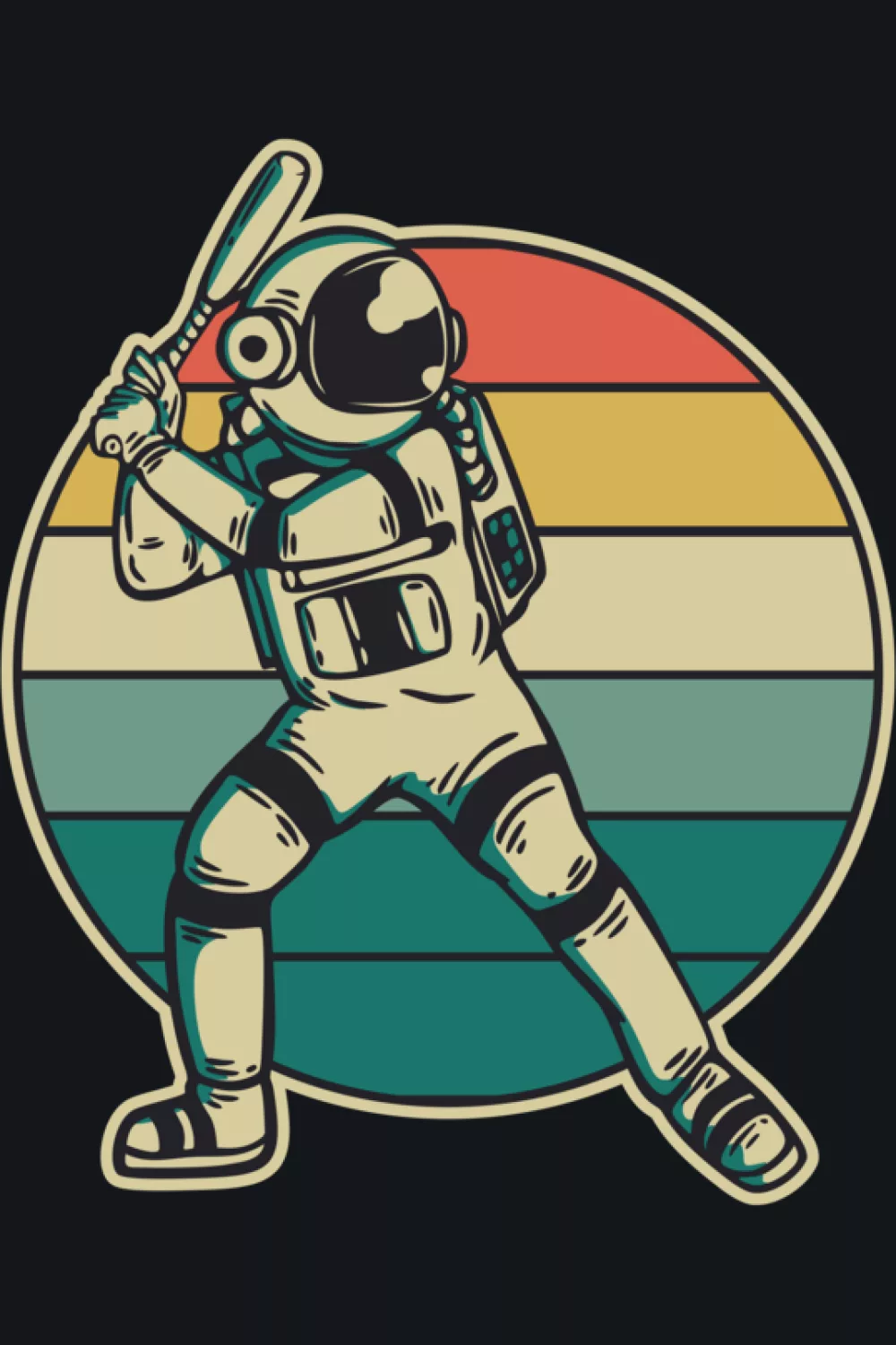 Astronaut baseball player with planets and galaxy background for space loving fans.
