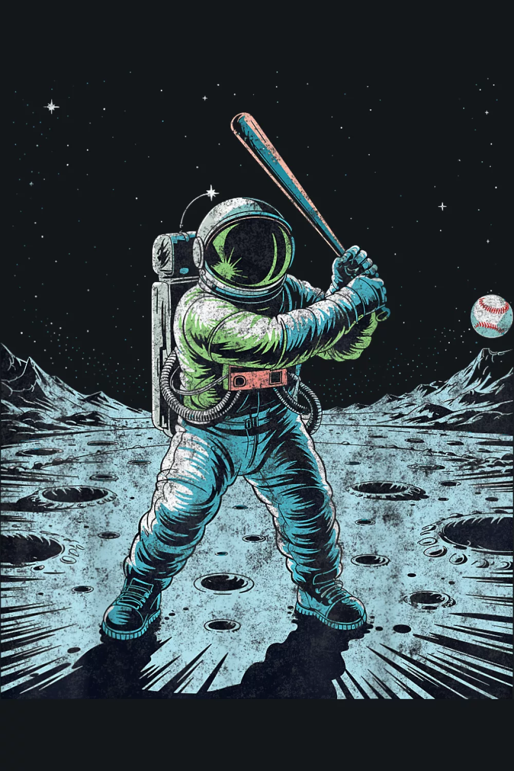 Textured suit and rocky ground with subtle teal accents near the visor