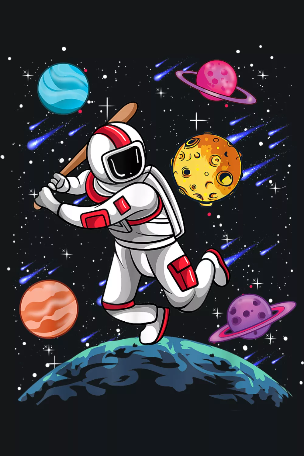Astronaut playing baseball with galaxy outer space planets theme for sci fi sports outfits.