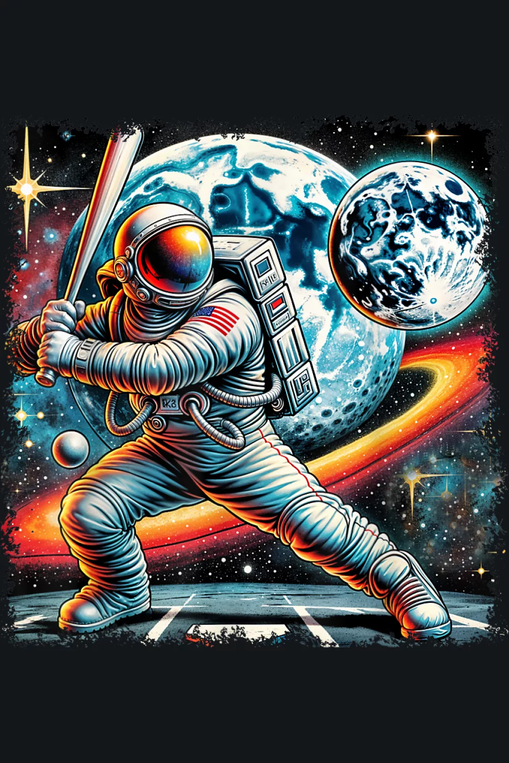 Cosmic hitter charging forward with glowing dust and a bold planet backdrop
