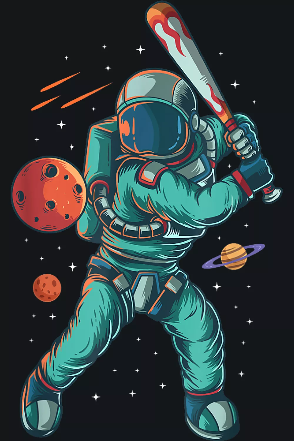 Space athlete winding up beneath floating planets with teal suit details and crisp highlights