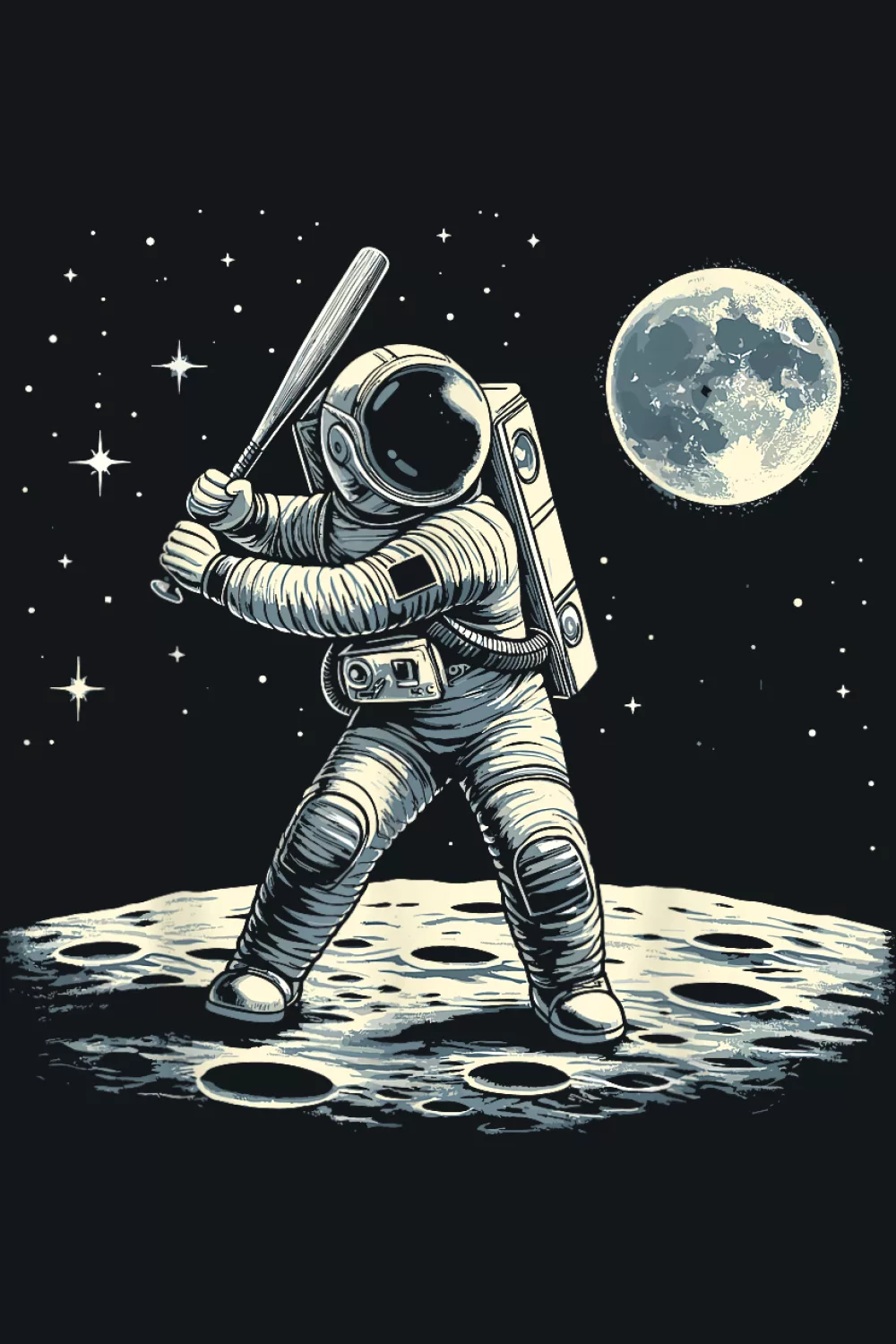Retro Astronaut Baseball Shirts in a moonlit batter pose with classic black and white contrast