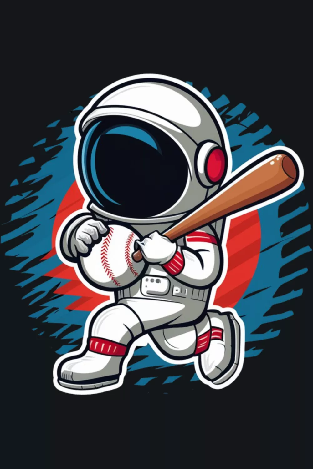 Cute astronaut playing baseball on a field theme for fans who like friendly cartoon style.
