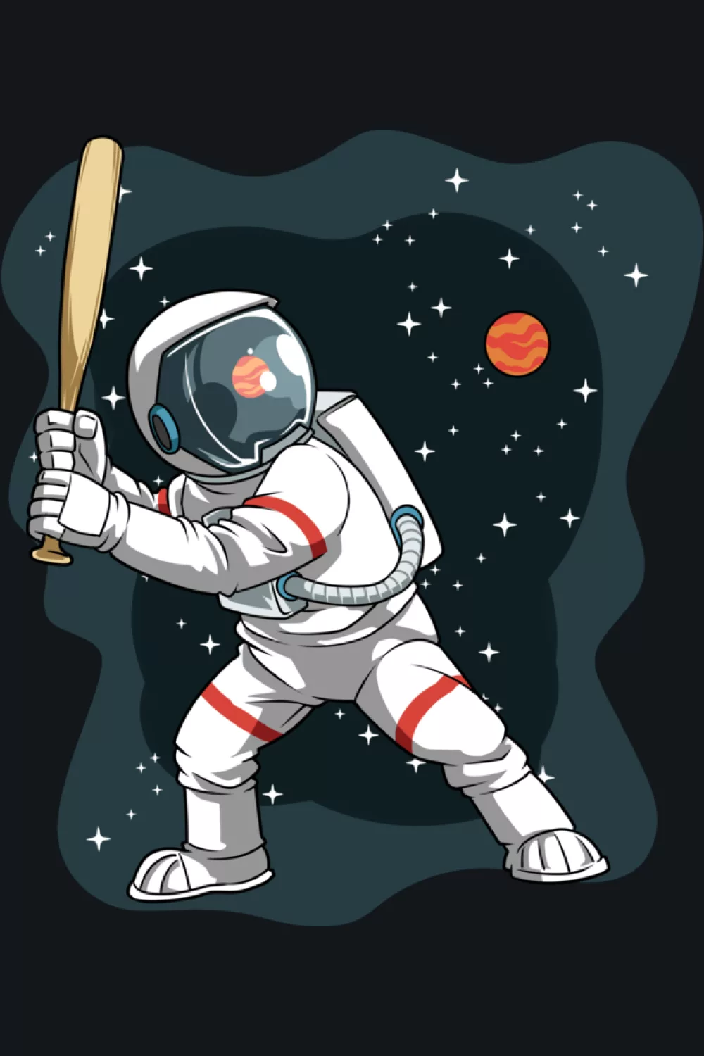 Astronaut baseball space theme with action pose and bold space sports composition.
