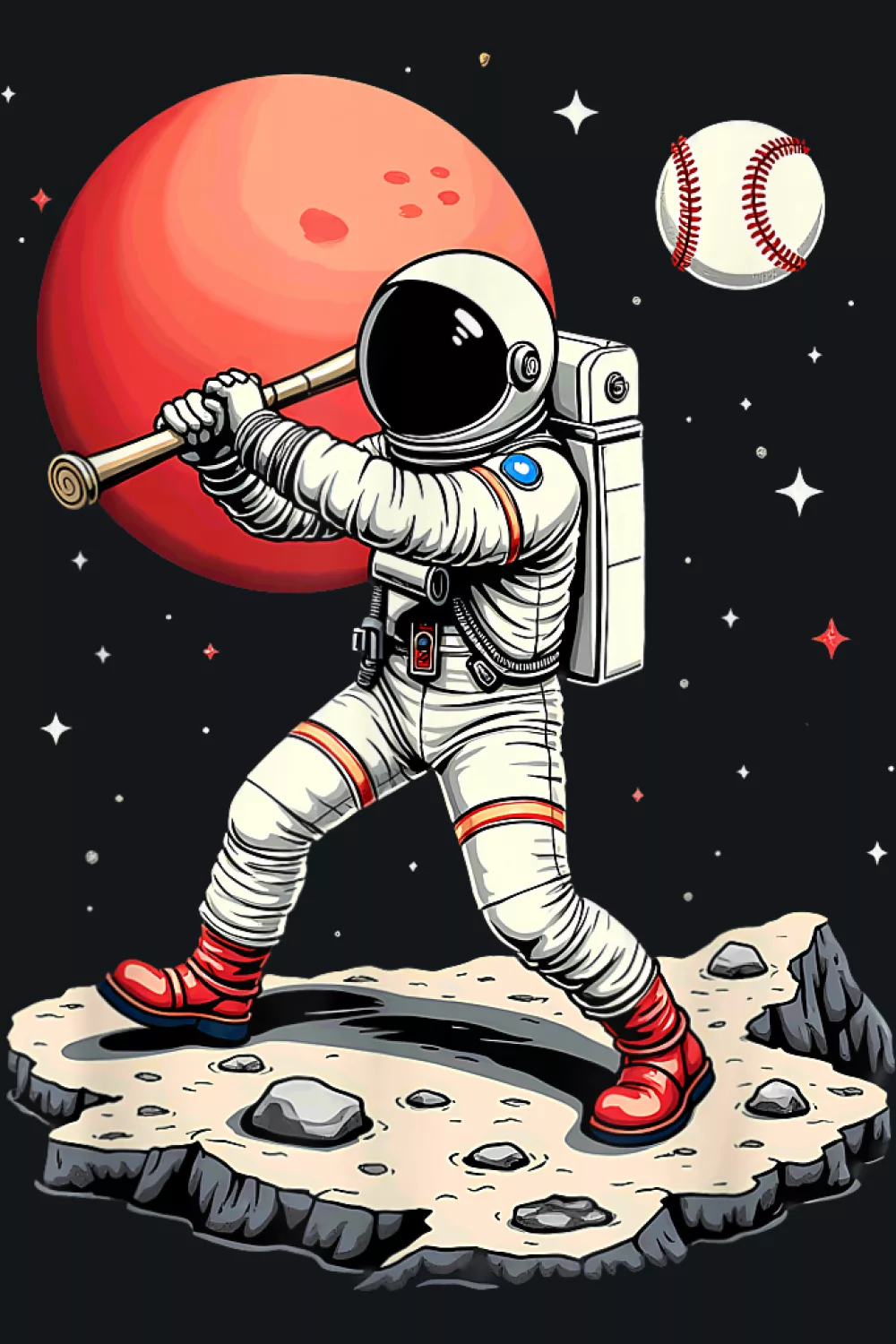 Red planet backdrop with a classic ready stance on rocky ground