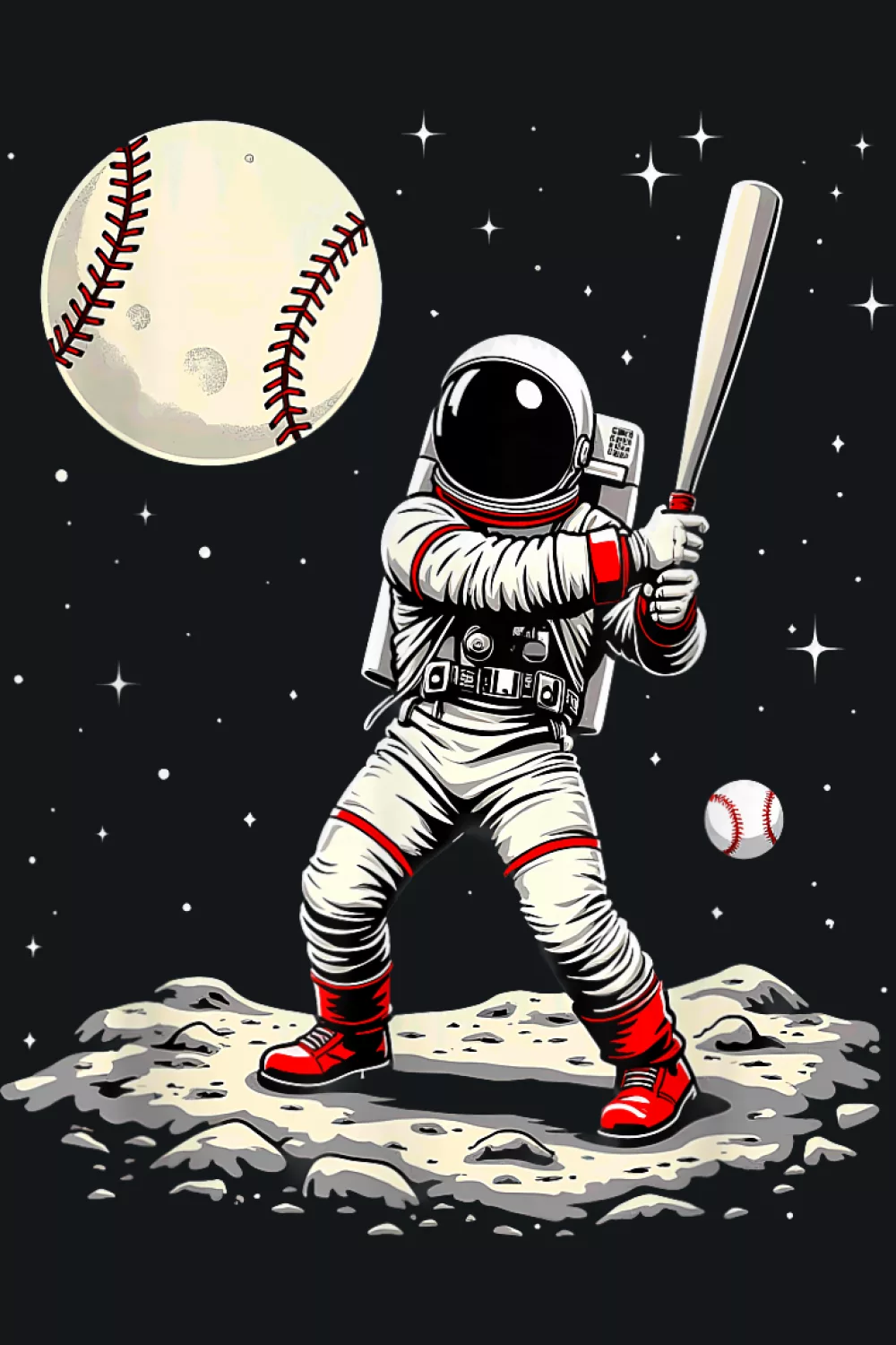 Starry night field with a poised hitter under a floating ball