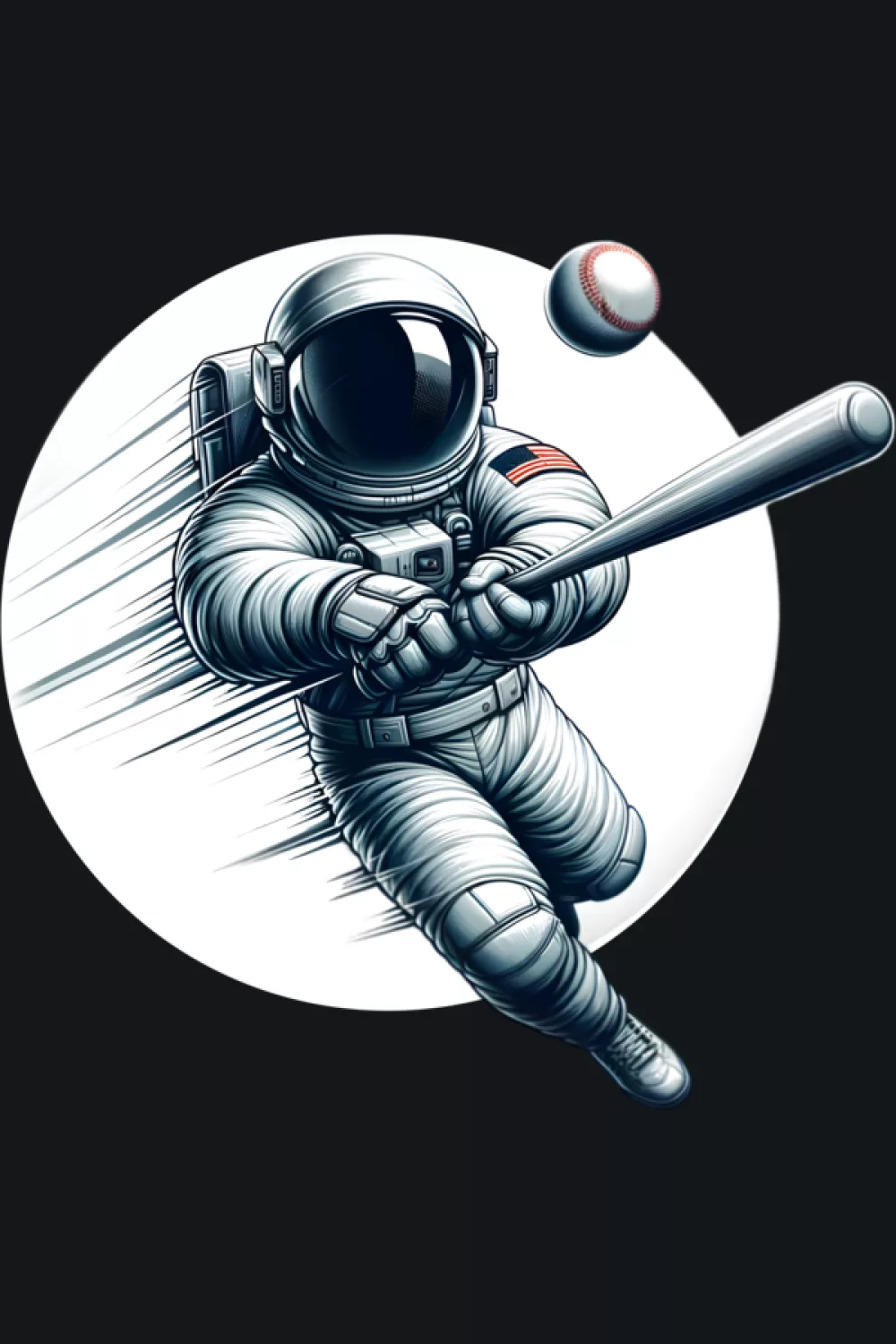Astronaut baseball player graphic tee for men, boys, and youth with bold action scene.