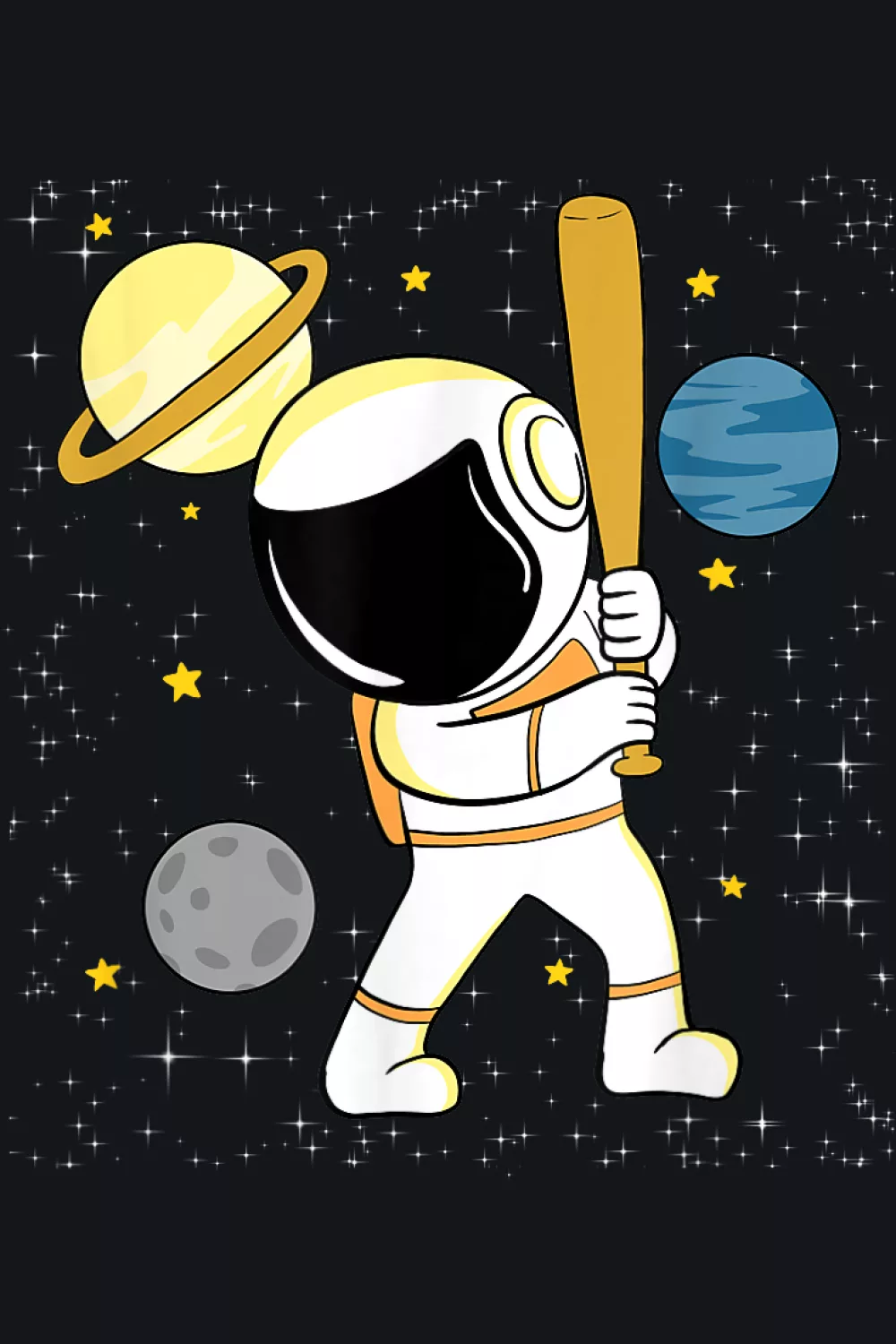 Cheerful character with a planet hat and bright stars in the background