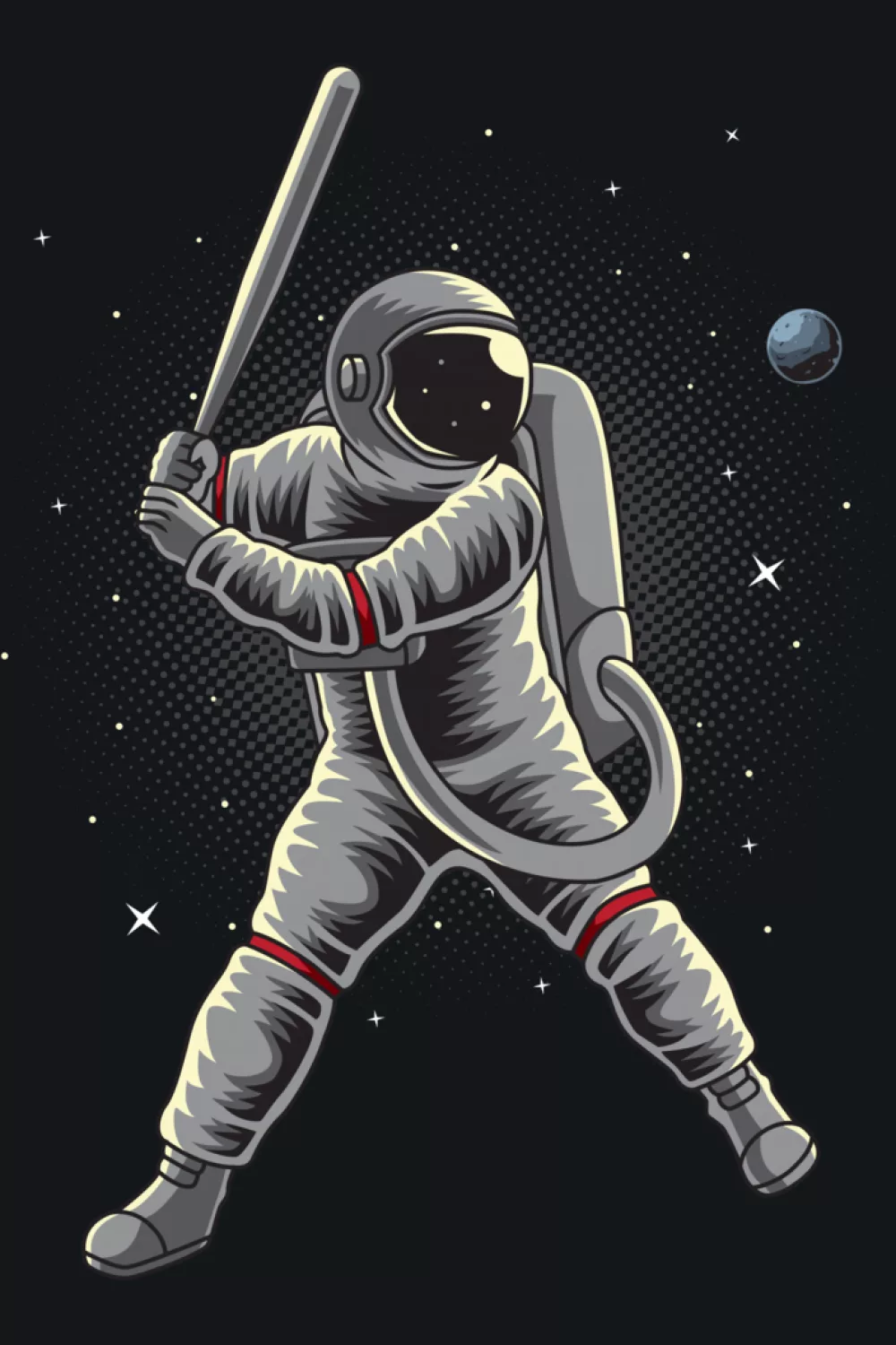 Astronaut playing baseball in space with clean silhouette and cosmic backdrop.