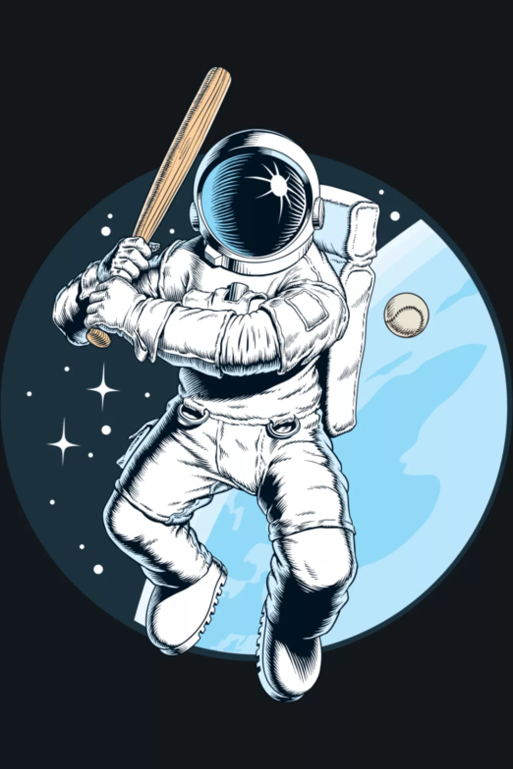 Sports sci fi astronaut playing baseball in space with futuristic vibe and bold contrast.