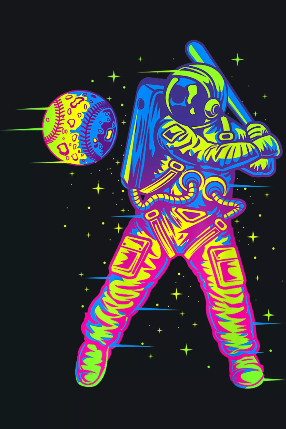 Neon outline figure with planet trails that glow across the frame