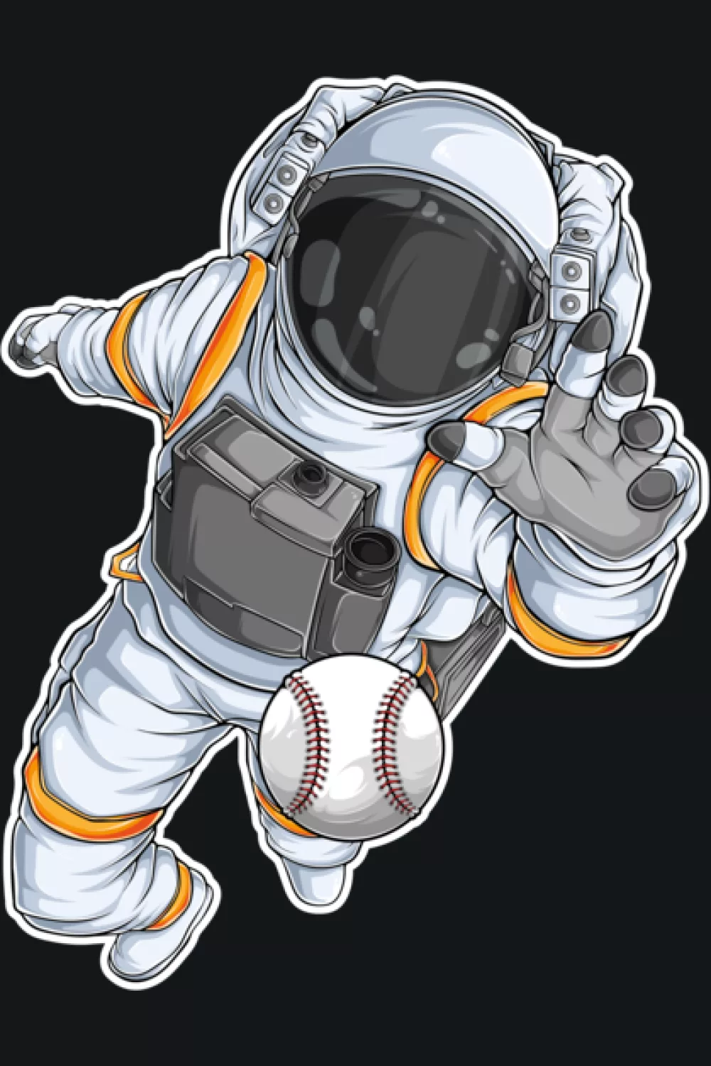 Astronaut reaching for a baseball in space with galaxy background, dramatic action pose.