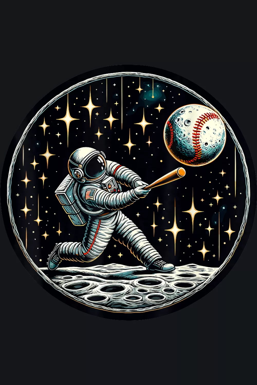 Circular frame around a focused hitter with stars arranged like a vintage badge