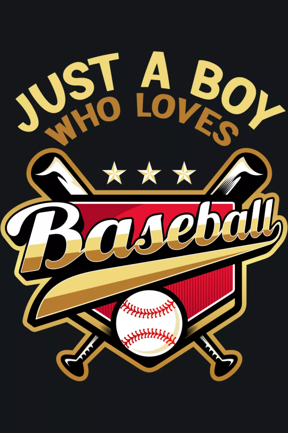 Baseball player badge with central ball graphic and bold text.