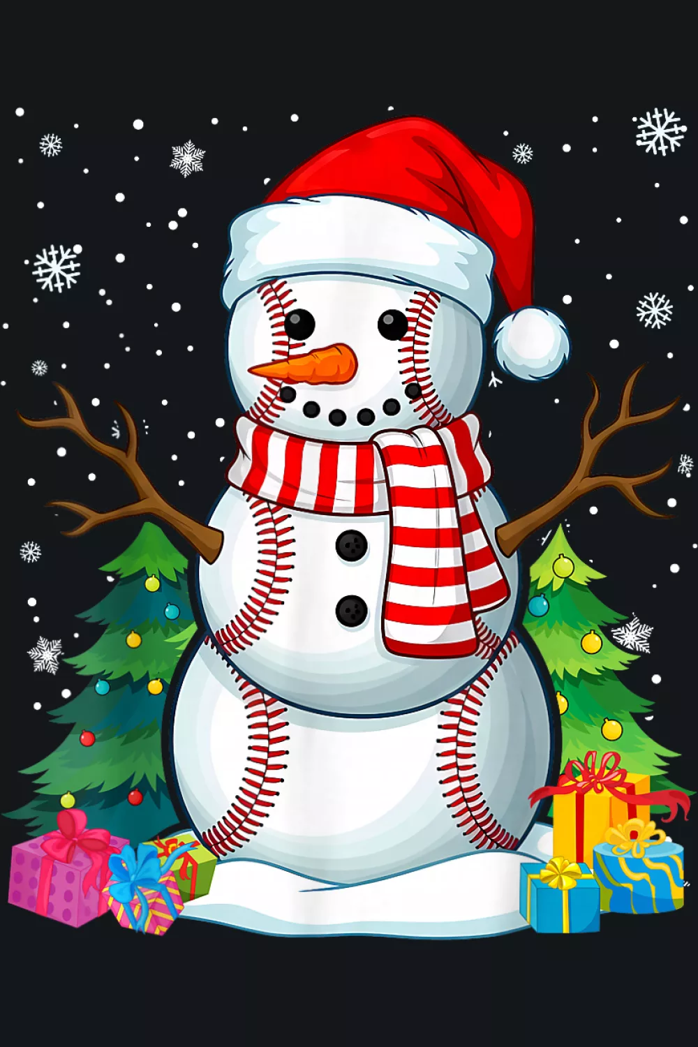 Santa snowman hugging baseball